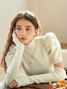 Knit Mix Mock Neck Puff Sleeve Ribbed Knit Top & Arm Sleeves - Beige - View 3