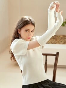 Knit Mix Mock Neck Puff Sleeve Ribbed Knit Top & Arm Sleeves - Beige - View 4