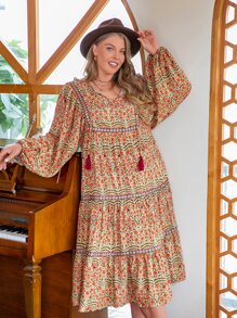 Rusttydustty Đầm Plus Size Thắt nơ trước Hoa Boho - Nhiều màu - Xem 1
