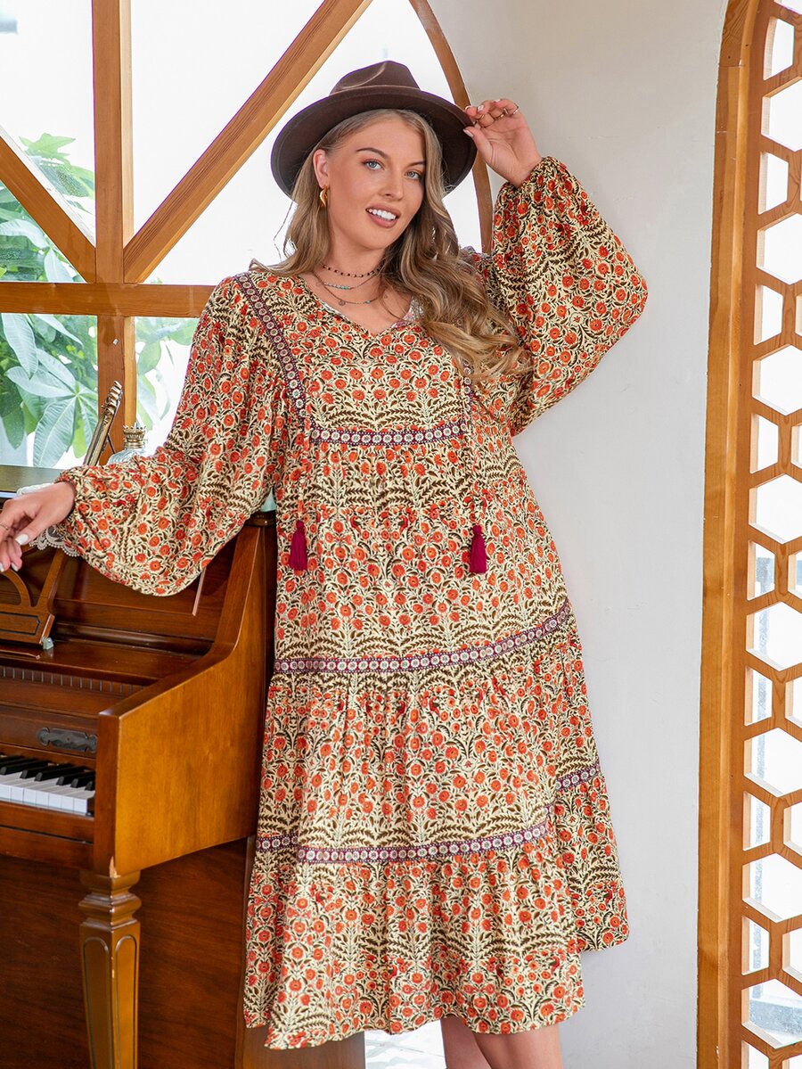 Rusttydustty Đầm Plus Size Thắt nơ trước Hoa Boho - Nhiều màu - Xem 1