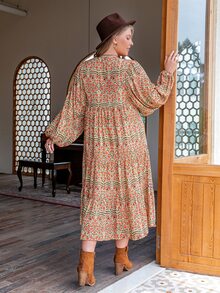 Rusttydustty Đầm Plus Size Thắt nơ trước Hoa Boho - Nhiều màu - Xem 2
