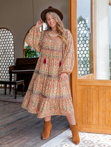 Rusttydustty Đầm Plus Size Thắt nơ trước Hoa Boho - Nhiều màu - Xem 3