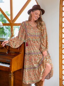 Rusttydustty Đầm Plus Size Thắt nơ trước Hoa Boho - Nhiều màu - Xem 5