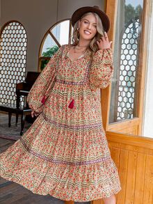 Rusttydustty Đầm Plus Size Thắt nơ trước Hoa Boho - Nhiều màu - Xem 6