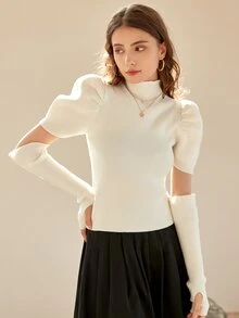 Knit Mix Mock Neck Puff Sleeve Ribbed Knit Top & Arm Sleeves - Beige - View 6