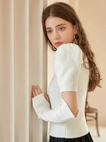 Knit Mix Mock Neck Puff Sleeve Ribbed Knit Top & Arm Sleeves - Beige - View 7