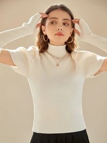 Knit Mix Mock Neck Puff Sleeve Ribbed Knit Top & Arm Sleeves - Beige - View 8