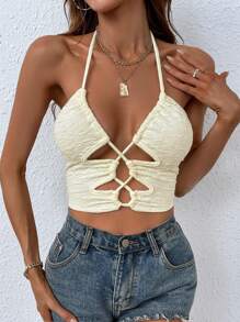 Breezaya Áo hai dây Lộ Lưng Hội Chữ thập Cắt ra Buộc lại màu trơn Gợi cảm - Màu be - Xem 3