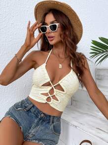 Breezaya Áo hai dây Lộ Lưng Hội Chữ thập Cắt ra Buộc lại màu trơn Gợi cảm - Màu be - Xem 5