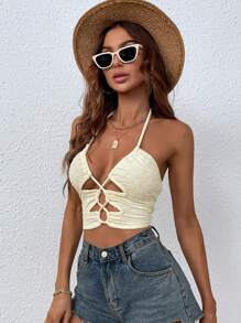 Breezaya Áo hai dây Lộ Lưng Hội Chữ thập Cắt ra Buộc lại màu trơn Gợi cảm - Màu be - Xem 6