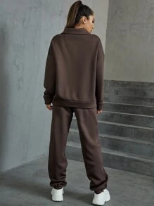 SHEIN Unity Letter Embroidery Quarter Zipper Drop Shoulder Sweatshirt & Joggers - Chocolate Brown - View 2