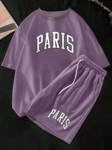 Manfinity Hypemode Men Letter Graphic Tee & Drawstring Waist Shorts - Mauve Purple - View 1