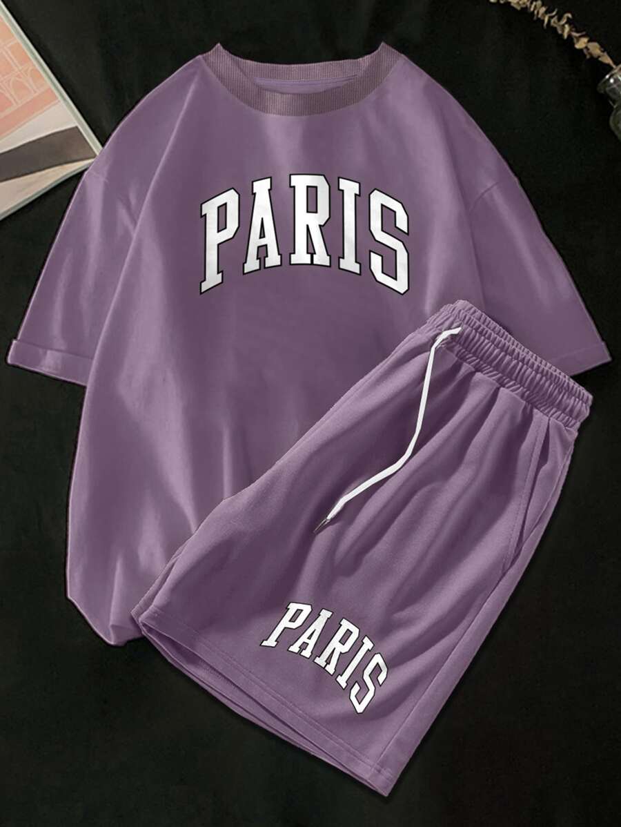 Manfinity Hypemode Men Letter Graphic Tee & Drawstring Waist Shorts - Mauve Purple - View 1