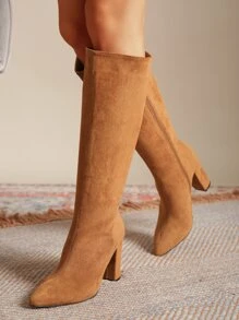 Suedette Zipper Side Point Toe Chunky Heeled Classic Boots - Brown - View 2