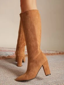 Suedette Zipper Side Point Toe Chunky Heeled Classic Boots - Brown - View 3