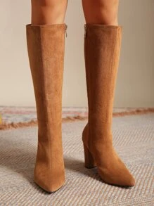 Suedette Zipper Side Point Toe Chunky Heeled Classic Boots - Brown - View 4