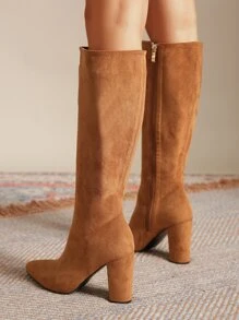 Suedette Zipper Side Point Toe Chunky Heeled Classic Boots - Brown - View 5