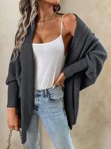 SHEIN LUNE Batwing Sleeve Duster Cardigan - Dark Grey - View 6