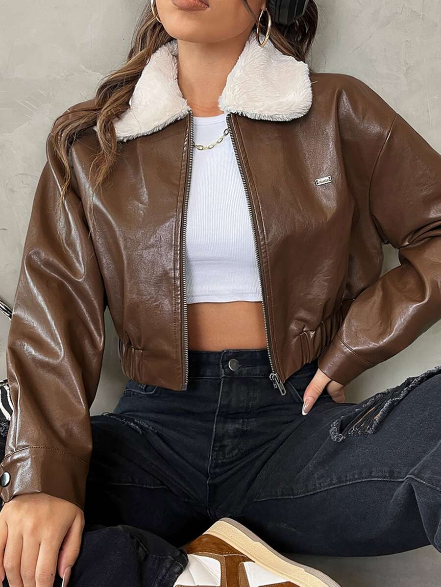 SHEIN EZwear Borg Collar Drop Shoulder PU Leather Jacket - Coffee Brown - View 1