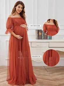 孕婦一字肩荷葉袖網紗連衣裙 - 亮橙色 - 查看 7