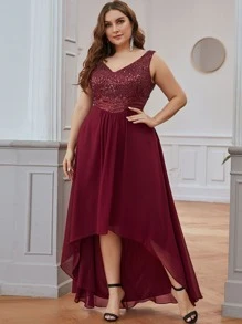 EVERPRETTY Plus Double V Neck Sequin Bodice High Low Prom Bridesmaid Dress