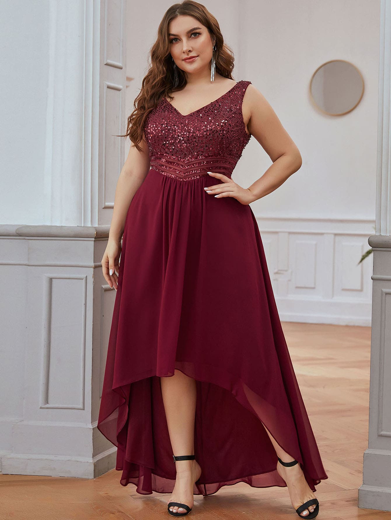 EVERPRETTY Plus Double V Neck Sequin Bodice High Low Prom Bridesmaid Dress