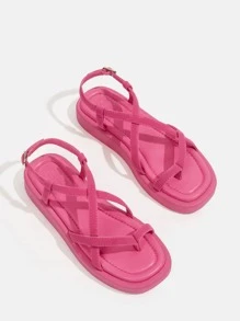 Women Buckle Decor Multi Cross Strap Toe Post Slingback Sandals, Funky Solid Outdoor Fabric Ankle Strap Thong Sandals - Hot Pink - View 2