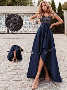 EVER-PRETTY Glitzer Oberteil Satin Ballkleid mit Hohem-Niedrig Saum, elegantes formelles Abendkleid Hochzeitsgast, für Abschlussball, Dinner Party