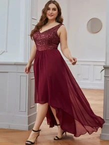 EVERPRETTY Plus Double V Neck Sequin Bodice High Low Prom Bridesmaid Dress