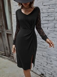 Vestido con encaje en contraste de muslo con abertura - Negro - Ver 4