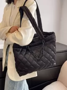 Large Capacity Quilted Shoulder Tote Bag - Black - View 1