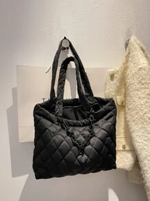 Large Capacity Quilted Shoulder Tote Bag - Black - View 2