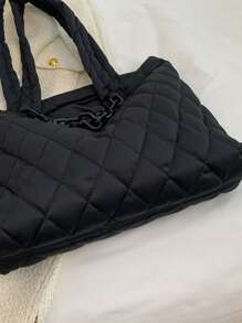Large Capacity Quilted Shoulder Tote Bag - Black - View 4