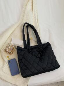 Large Capacity Quilted Shoulder Tote Bag - Black - View 5