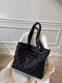 Large Capacity Quilted Shoulder Tote Bag - Black - View 7
