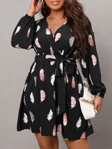 SHEIN Clasi فستان بحزام طباعة الريش أكمام فانوس مقاس كبير - الأسود - مشاهدة 3