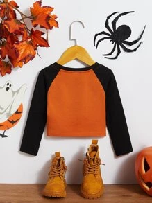 SHEIN Toddler Girls Halloween Print Raglan Sleeve Tee - Multicolor - View 2