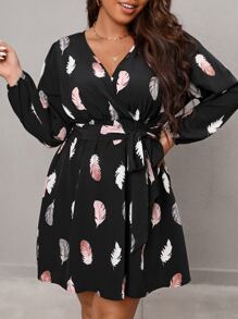 SHEIN Clasi فستان بحزام طباعة الريش أكمام فانوس مقاس كبير - الأسود - مشاهدة 5