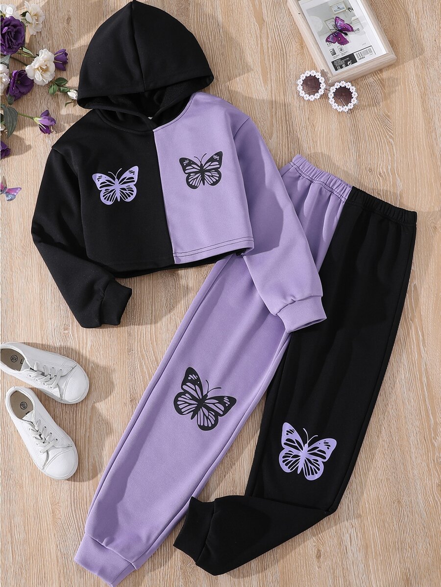 SHEIN Girls Two Tone Butterfly Print Hoodie & Joggers - Multicolor - View 1