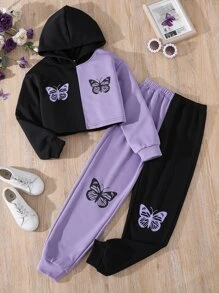 SHEIN Girls Two Tone Butterfly Print Hoodie & Joggers - Multicolor - View 4