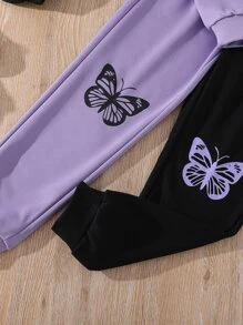 SHEIN Girls Two Tone Butterfly Print Hoodie & Joggers - Multicolor - View 5