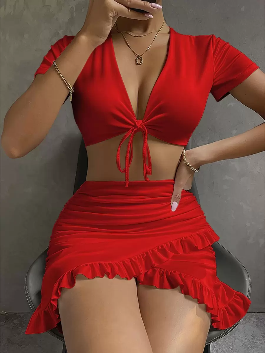 SHEIN Unity Solid Tie Front Top & Ruffle Trim Skirt For New Year Clothes - Red - View 1