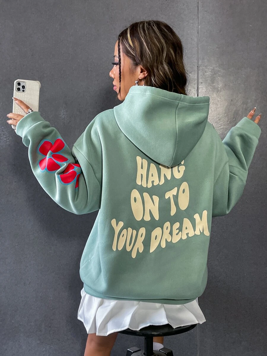 SHEIN Qutie Slogan Graphic Kangaroo Pocket Drop Shoulder Drawstring Hoodie - Mint Green - View 1