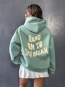 SHEIN Qutie Slogan Graphic Kangaroo Pocket Drop Shoulder Drawstring Hoodie - Mint Green - View 4