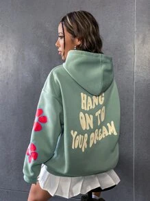 SHEIN Qutie Slogan Graphic Kangaroo Pocket Drop Shoulder Drawstring Hoodie - Mint Green - View 5