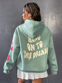 SHEIN Qutie Slogan Graphic Kangaroo Pocket Drop Shoulder Drawstring Hoodie - Mint Green - View 6