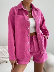 SHEIN Unity Drop Shoulder Pocket Patched Coat & Shorts - Hot Pink - View 1