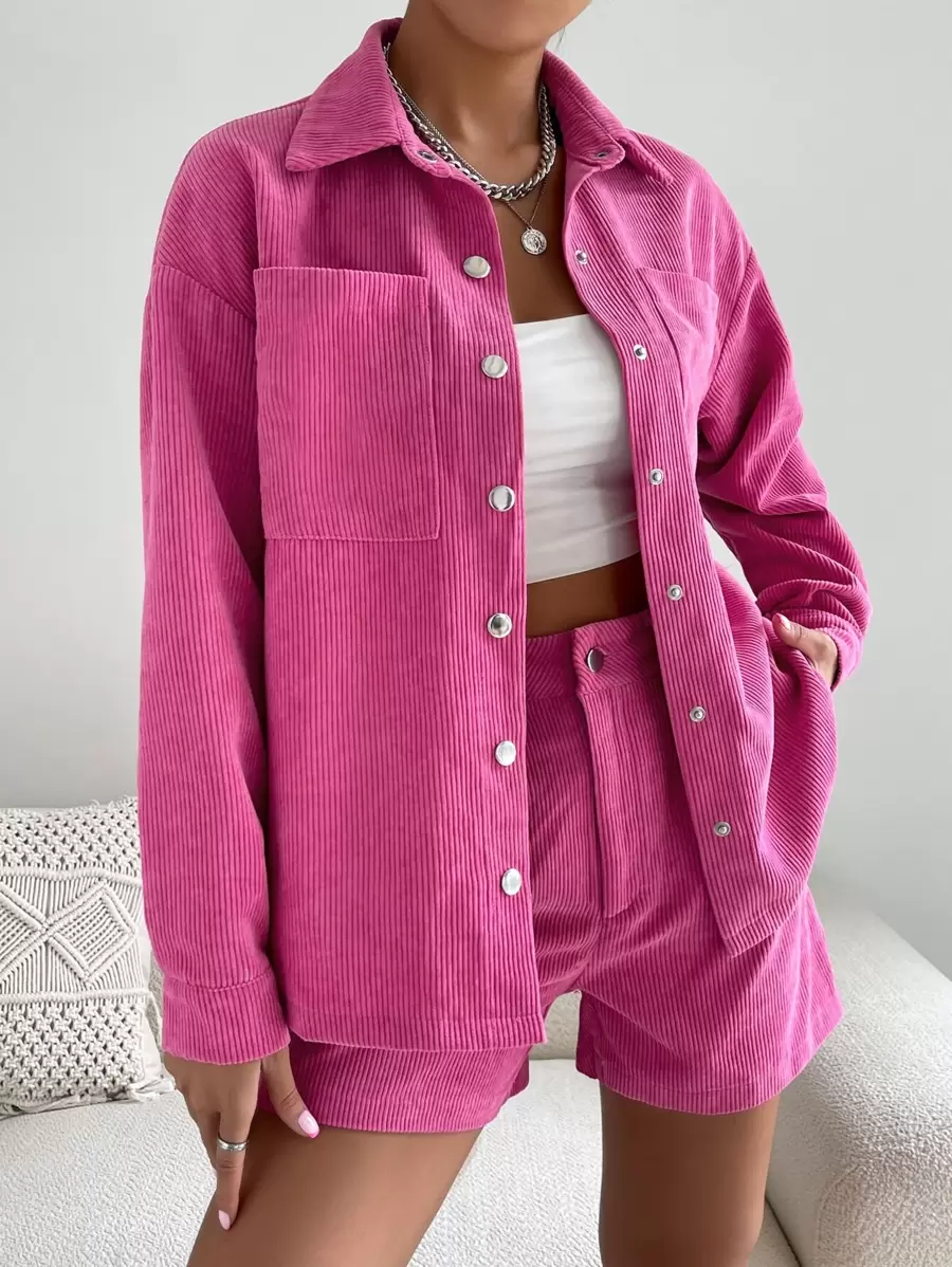SHEIN Unity Drop Shoulder Pocket Patched Coat & Shorts - Hot Pink - View 1