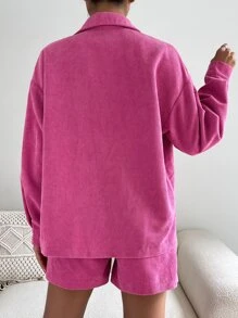 SHEIN Unity Drop Shoulder Pocket Patched Coat & Shorts - Hot Pink - View 2