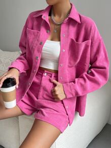 SHEIN Unity Drop Shoulder Pocket Patched Coat & Shorts - Hot Pink - View 3